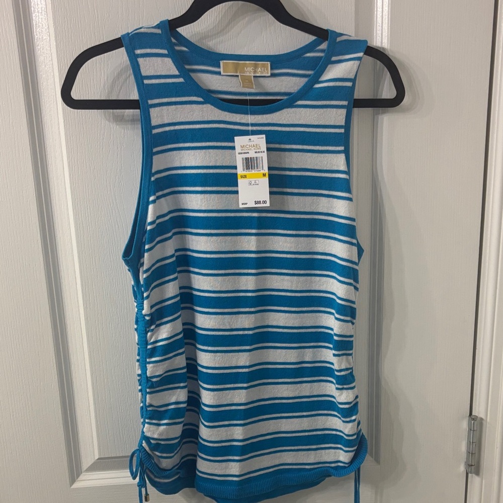 Michael Kors Teal and White Striped Sweater Tank Top